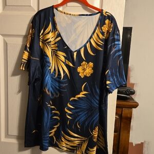 V-Neck Tropical Floral Women’s Top in Navy, Blue & Yellow